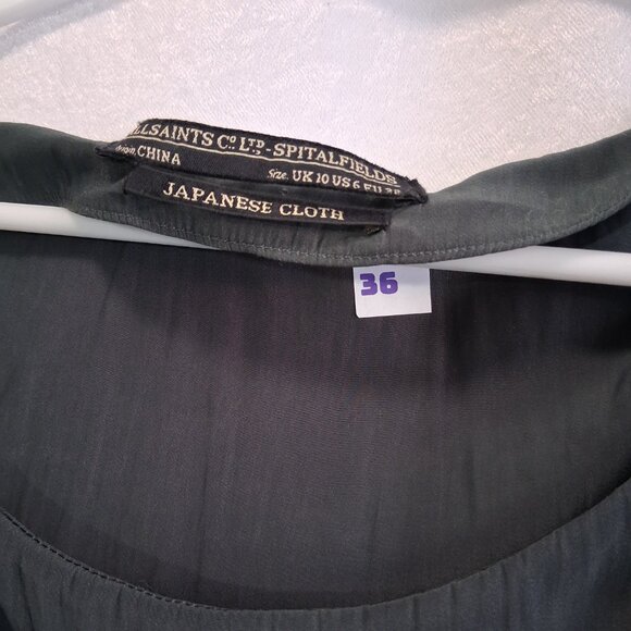 35. All Saints Silky Ruffle Sleeve Werbovy Hip Hugging Mini Dress Grey & Black 6 - Picture 3 of 7